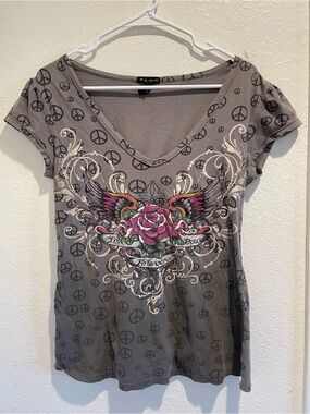 🥀 Vtg Y2K F.A.N.G Mall Goth Angel Wings Rose Graphic Tee L 🖤